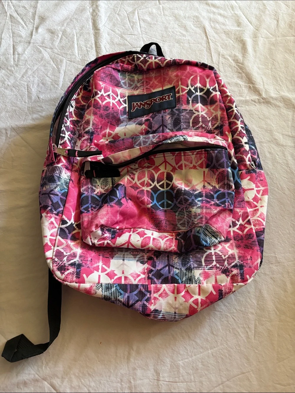 Jansport Pink Peace Sign Pattern Backpack with Purple & Blue Accents